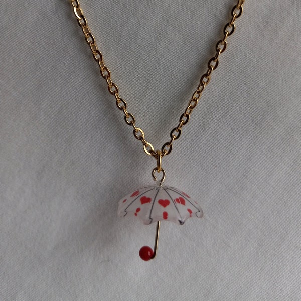 Umbrella Pendant/Umbrella Necklace/Red Heart and Gold Plated Umbrella/Red Pearl Handle/Fun to Wear or Give as Gift