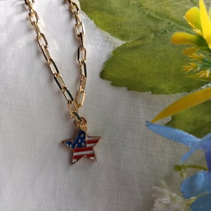 May include: A gold chain necklace with a star-shaped pendant featuring the American flag in red, white, and blue.