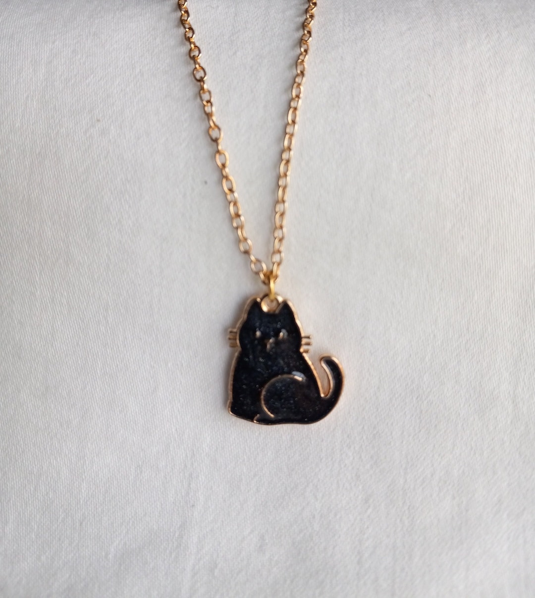 Black Cat Pendant/black Cat Necklace/gold Plated Black Cat Enamel Charm