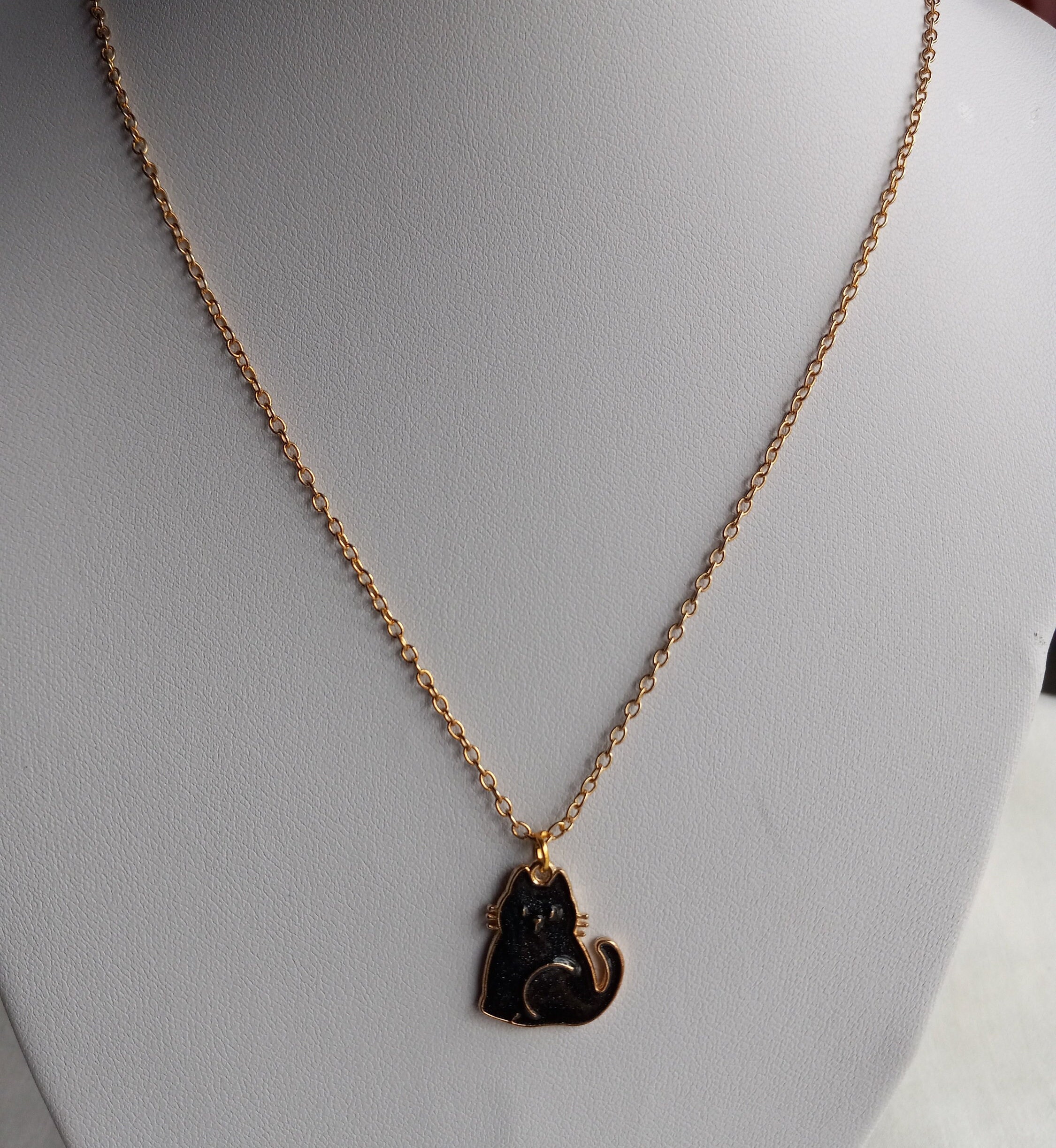 thumbnail interactive-video image 1 of Controse Black Cat Necklace – Stainless Steel, Epoxy Pendant, Silver Tone – 28in Chain 1 of 2