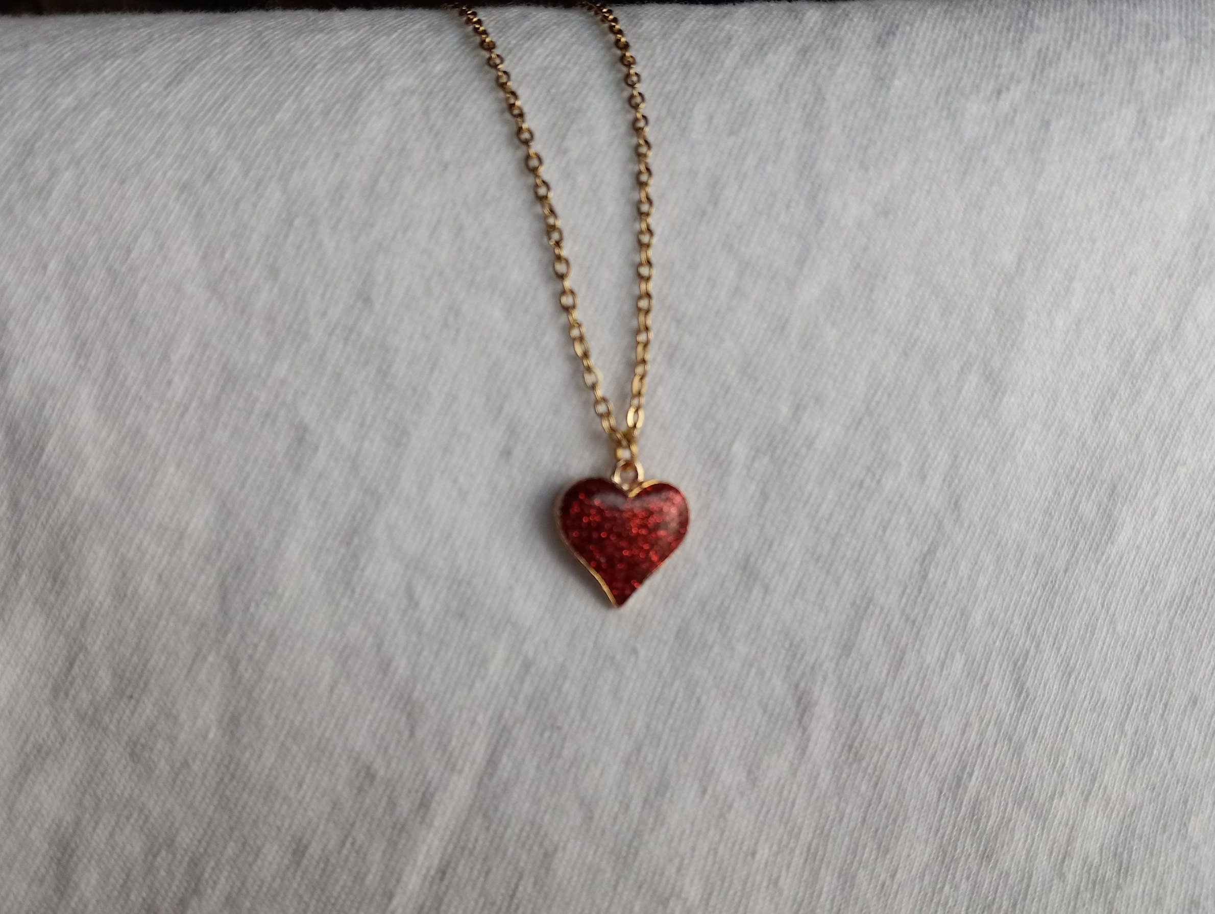 Dainty Sparkly Red Heart Pendant Necklace/red Glitter Gold