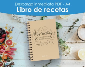 Printable Recipe Book / Personalized Recipe Notebook in PDF / Organize Your Recipes / Digital Cookbook in Spanish for Printing