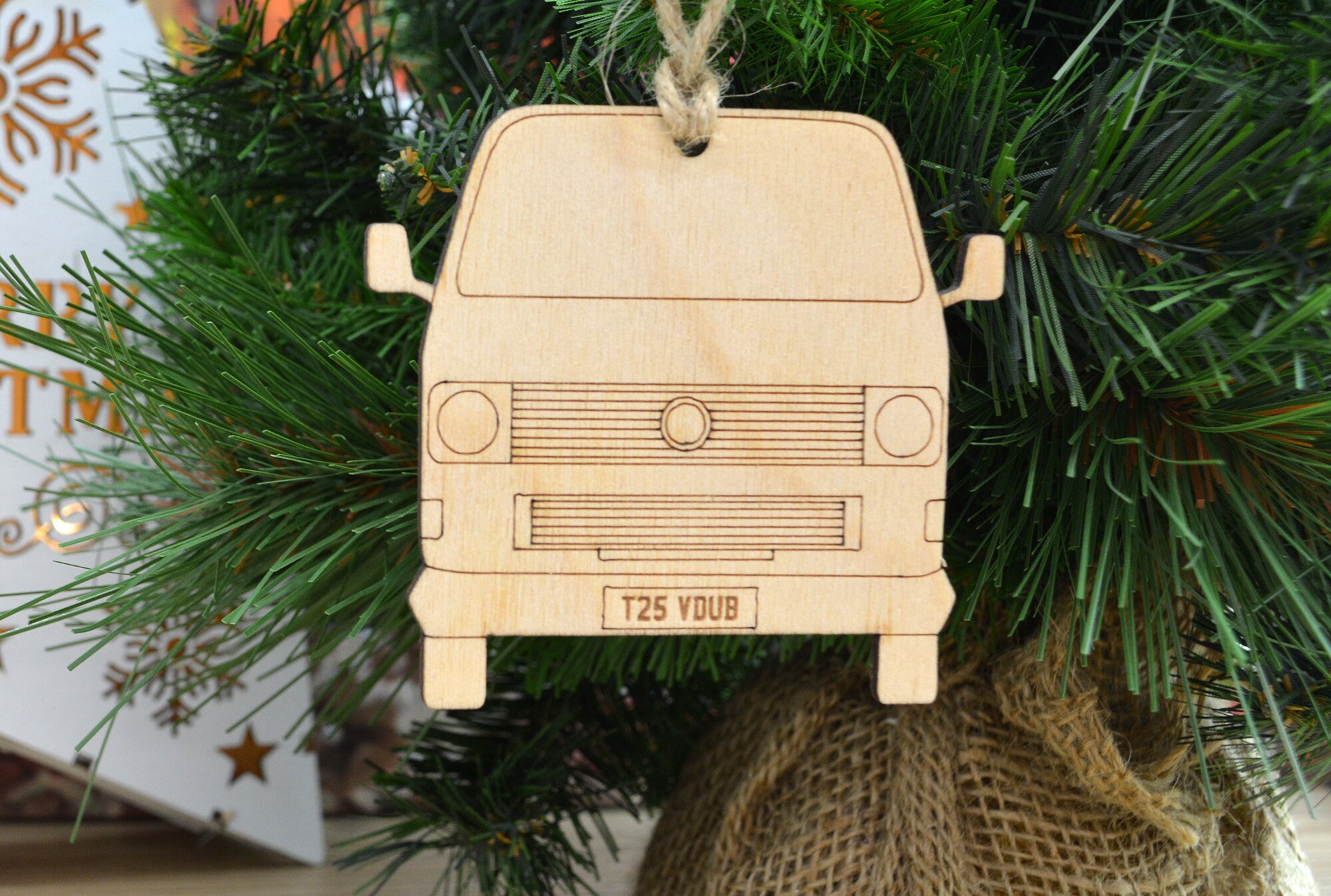 VW T25 Tin Top Christmas Tree Engraved Wooden Ornament Decoration