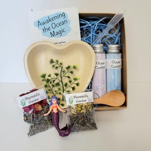May include: A craft kit in a cardboard box containing a heart-shaped wooden bowl, a plastic dropper, a wooden spoon, two glass bottles labeled Ocean Confetti, two bags labeled Mermaid's Garden with dried botanicals, and a mermaid figurine.