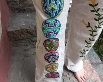white ceremonial trouser Toe  chakruna ayahuasca icaros shipibo size L XL handstitched on fine cotton