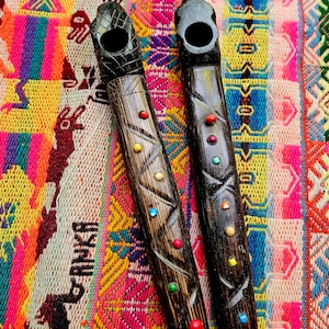 serpentina stone and chonta big wooden pipe jaguar face ceremonial 25cm