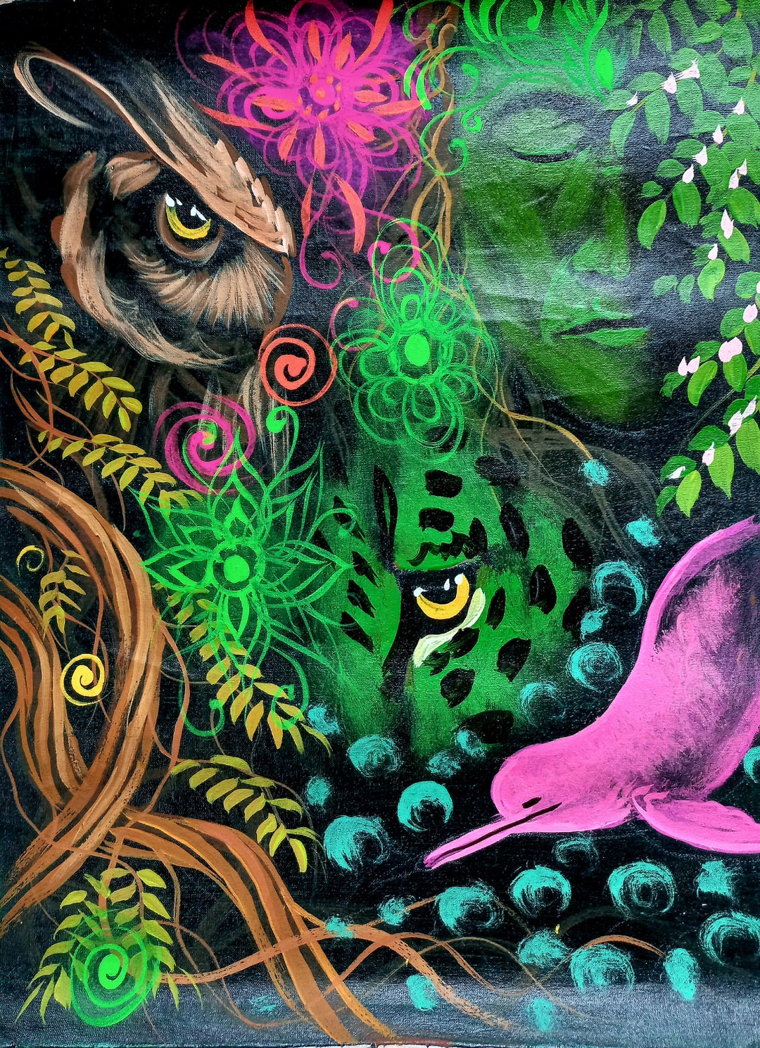 アヤワスカによる幻想的な芸術の絵画、幻覚、蛇、シャーマン、カンボ