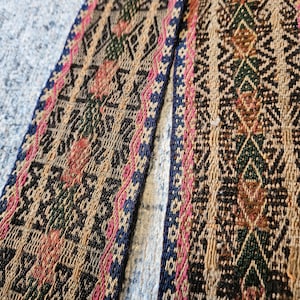 Può includere: Primo piano di due strisce di tessuto intrecciato con intricati motivi geometrici e floreali. Le strisce presentano uno sfondo beige con disegni in nero, rosa, blu e verde. I bordi sono bordati con dettagli blu e rosa.