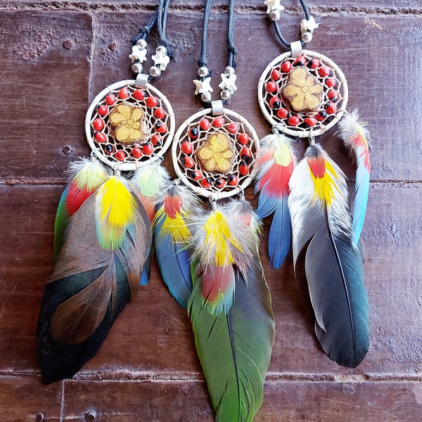 ayahuasca protection parrot feather necklace dreamcatcher