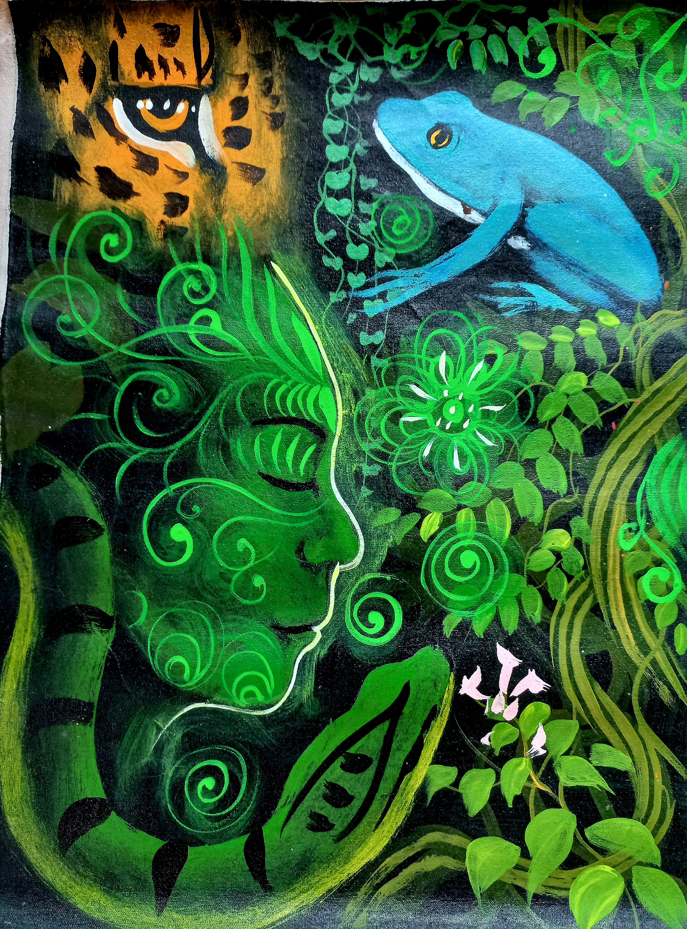 visionary art painting by ayahuasca vision snake shaman kambo owl jaguar hummingbird pink dolphin