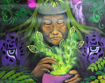 ブラジル アヤワスカビジョン シャーマン　直筆イラスト 絵画油絵 アヤワスカによる幻想的な芸術の絵画、幻覚、蛇、シャーマン、カンボ
