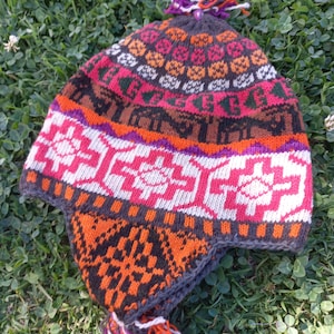 chakana lama eagle winter beanie hat alpaca wool peruvian mountains ceremonial use traditions