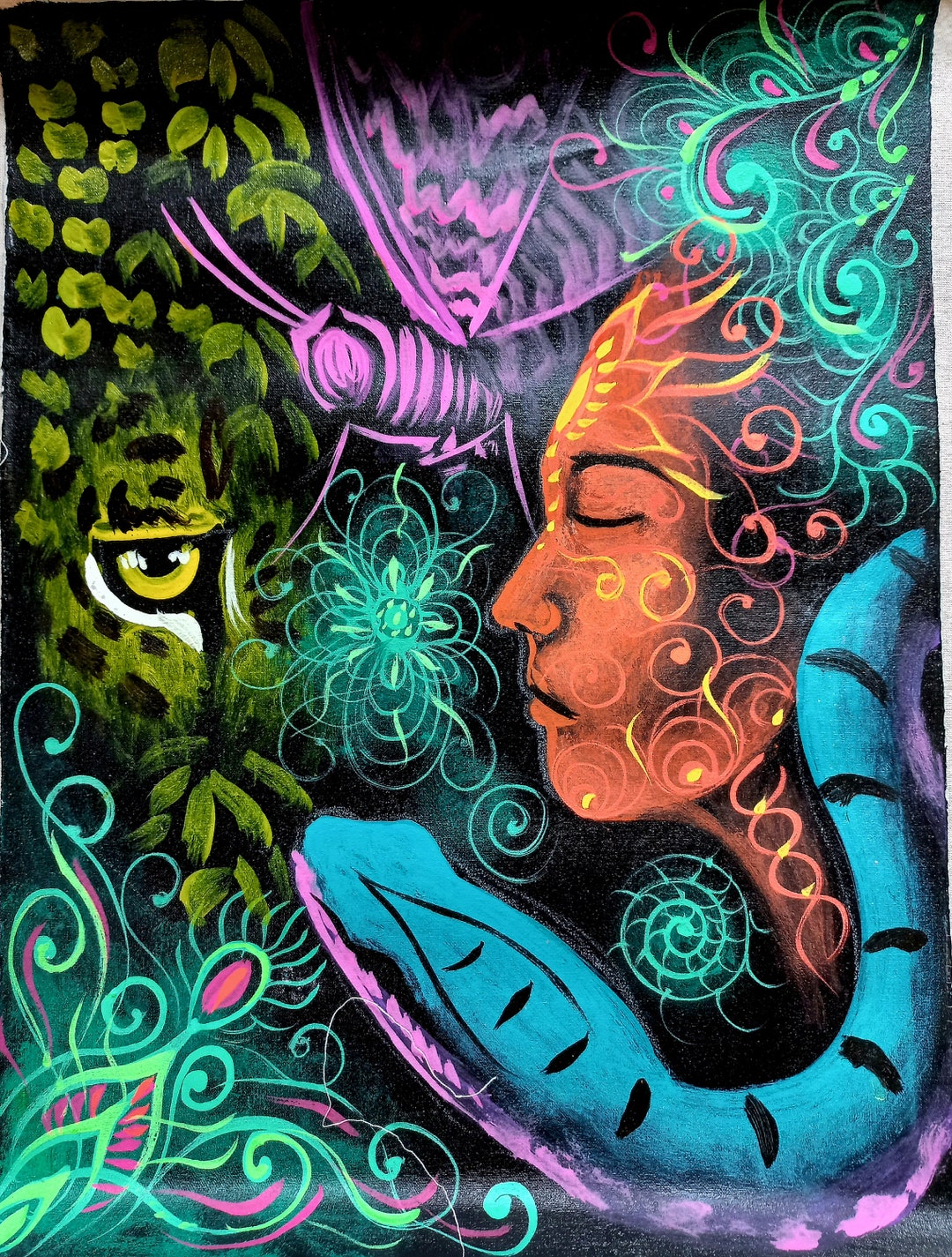 アヤワスカによる幻想的な芸術の絵画、幻覚、蛇、シャーマン、カンボ