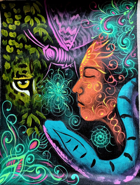アヤワスカによる幻想的な芸術の絵画、幻覚、蛇、シャーマン、カンボ