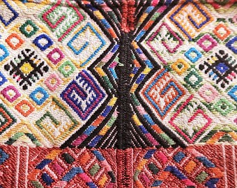 May include: A colorful woven fabric bag with a zipper closure. The fabric features a geometric pattern in shades of red, blue, green, yellow, and black.