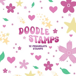 May include: A set of 12 digital stamps for Procreate featuring doodle illustrations of hearts, stars, flowers, and leaves in pink, yellow, and green colors. The text "Doodle Stamps" is written in a pink and purple gradient.