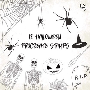May include: A set of 12 black and white Halloween themed Procreate stamps. The stamps include a spider, a spider web, a witch's hat, a broom, a pumpkin, a skeleton, and a tombstone with the text "R.I.P."