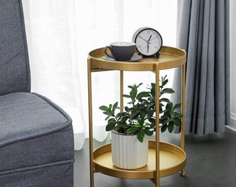 Robeet Gold Folding End Table 2-Tier Metal Round Side Table with Removable Tray for Home and office,(15.1”Dx20”H)
