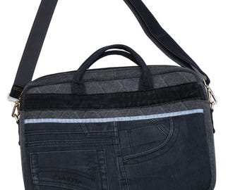 BLACK Upcycled Denim Laptop Bag – Handmade Recycled Jeans Messenger Bag – 14” Laptop Briefcase – Unisex Work Bag