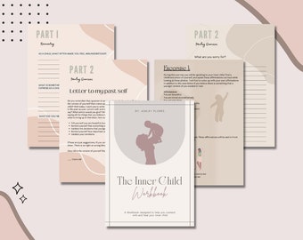 以下が含まれることがあります： ピンクとブラウンのワークブックで、「The Inner Child Workbook」というタイトルが付けられています。女性が子供を抱いているシルエットが描かれています。このワークブックは、あなた自身のインナーチャイルドとつながり、癒すために作られました。「Etsy: Ashleyflorestv」というテキストがページの下部に表示されています。