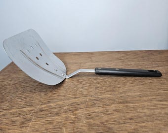Vintage Stainless Steel Wide Slotted Spatula Turner Japan Offset Black Handle