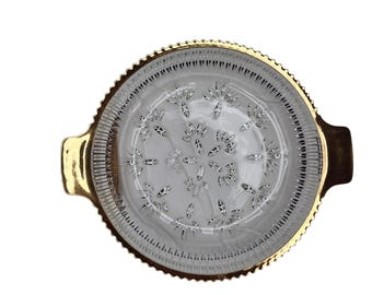 Vtg Mid Century Pressed Glass Candy Nut Dish Gold Gilt Trim Ribbed Starburst 7"