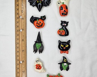 Vtg Halloween Figures Button Covers Set 9pc Bat Cat Ghost Witch Jack-O-Lantern