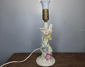 Lámpara de mesa vintage de cerámica con diseño floral, pintada a mano en dorado, color marfil y colores vivos, 28 cm (11 pulgadas)