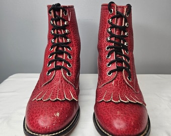 Stivali western da donna Justin Red Pebbled Leather Kiltie con lacci, modello Roper Vintage