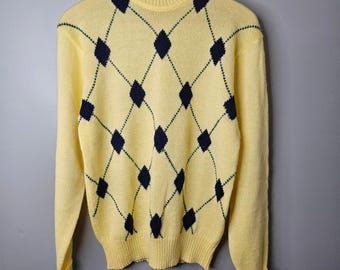 SIM Sportswear Vintage Argyle Rundhalspullover Gelb Marine Blau Größe S 37876