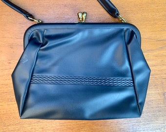 Blue vinyl small Top Handle vintage handbag , Granny Bag With Gold Hardware, Gold Clasp Closure Smart Bag with mirror Compartment