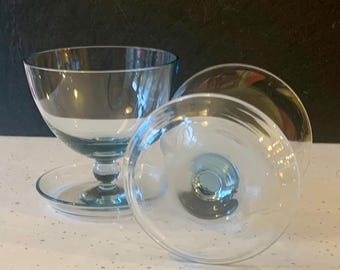 Blauwglazen dessertkommen met schotelbodem vintage glaswerk