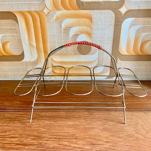 Vintage Atomic glass carrier gold with red plastic handle vintage home barware