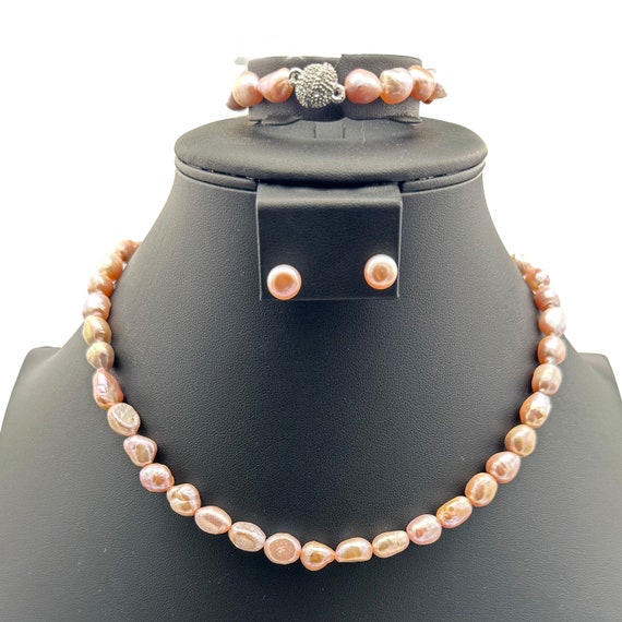 Set Di Gioielli In Perle D'acqua Dolce Grigio Naturale 7-8 Mm: Collana, Orecchini, Bracciale - Foto 2