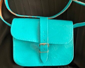 Turquoise Paint on Upcycled Mini Crossbody Leather Handbag