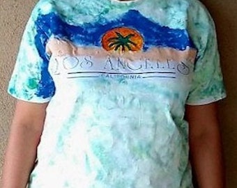Hand Painted Tee Shirt, Hand Painted Graphic Tee Shirt, Painted Beach Scene Tee Shirt. Painted Los Angeles Graphic Tee Shirt