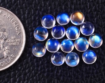 Op de afbeelding: Een verzameling van 14 regenboogkleurige maansteen cabochons, elk met een unieke blauwe en witte glans. De stenen zijn rond en glad en liggen los op een zwart oppervlak.