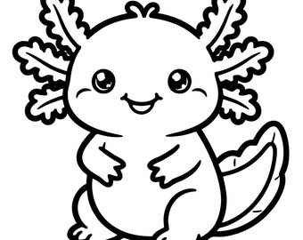 May include: A black and white line art illustration of a cartoon axolotl. The creature features large round eyes, a small smiling mouth, and prominent feathery external gills on both sides of its head, with a curved tail visible.