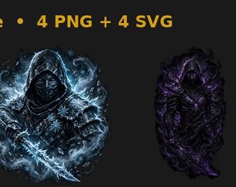 May include: A digital graphic set titled Ninja Club Bundle • 4 PNG + 4 SVG featuring four distinct ninja illustrations. Each ninja is surrounded by elemental effects including orange flames, blue ice crystals, dark purple smoke, and purple lightning.