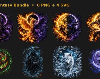 May include: A digital graphic collection titled Dark Fantasy Bundle containing 8 PNG and 4 SVG files. The images feature a dragon, phoenix, skull, warrior, jack-o'-lantern, grim reaper, wolf, and witch, all rendered with vibrant fire and magic effects.
