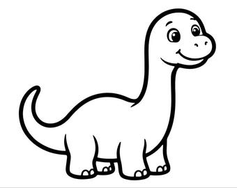 May include: A black and white line drawing of a long-necked dinosaur with a rounded head, large eyes, and a small smile. The creature has a thick body, four sturdy legs, and a curved tail, presented as a simple graphic illustration.