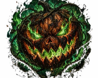 May include: A dark, textured orange pumpkin with a carved, jagged face emitting a bright green glow from within. The pumpkin is wrapped in dark, thorny vines and surrounded by swirling green flames, creating a high-contrast, detailed illustration.