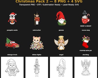May include: A digital collection titled Christmas Pack 2 featuring 8 PNG and 4 SVG files. The graphics include a penguin, nutcracker, gnome, cocoa mug with text MERRY & BRIGHT, vintage truck, kitten with lights, angel, and a stocking with text STUFFED WITH JOY.