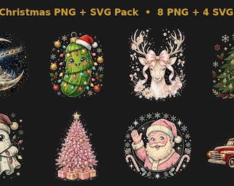 May include: A digital collection titled Trendy Christmas PNG + SVG Pack • 8 PNG + 4 SVG featuring eight festive illustrations: a crescent moon with Santa's sleigh, a decorated pickle, a deer with a bow, a green tree, a ghost, a pink tree, Santa, and a truck.