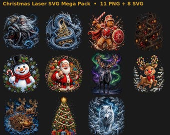 May include: A digital collection titled Christmas Laser SVG Mega Pack 11 PNG 8 SVG featuring twelve circular illustrations including Santa Claus, a dragon with a tree, a gingerbread warrior, a snowman, a reindeer, and a wolf in snow.
