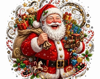 May include: A cheerful Santa Claus with a white beard and red suit, carrying a large burlap sack filled with colorful wrapped gifts, a toy train, and a teddy bear, surrounded by candy canes, holly leaves, and gold stars.