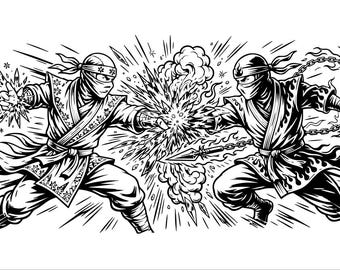 May include: A black and white graphic illustration depicting two ninjas in combat. One ninja wields ice shards while the other uses a flaming chain weapon. They are positioned in a dynamic stance with explosive energy effects between them.