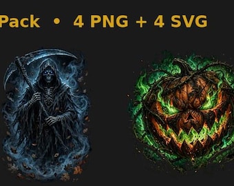 May include: A digital Halloween Laser Pack containing 4 PNG and 4 SVG files. The graphics feature a dark haunted house with bats, a grim reaper holding a scythe, a glowing green jack-o'-lantern, and a witch flying on a broomstick before a full moon.