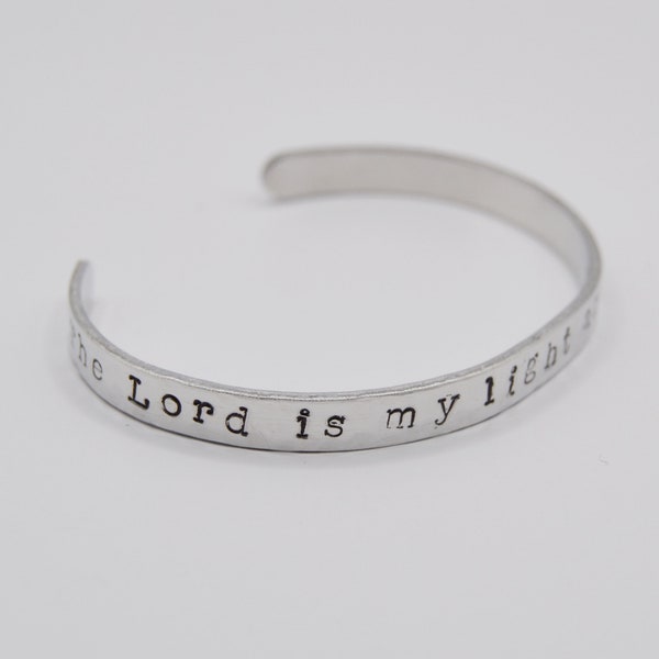 Handmade Christian Stamped Cuff Bracelet, Bible Verse- Psalm 27:1, "The Lord is my light and my salvation"