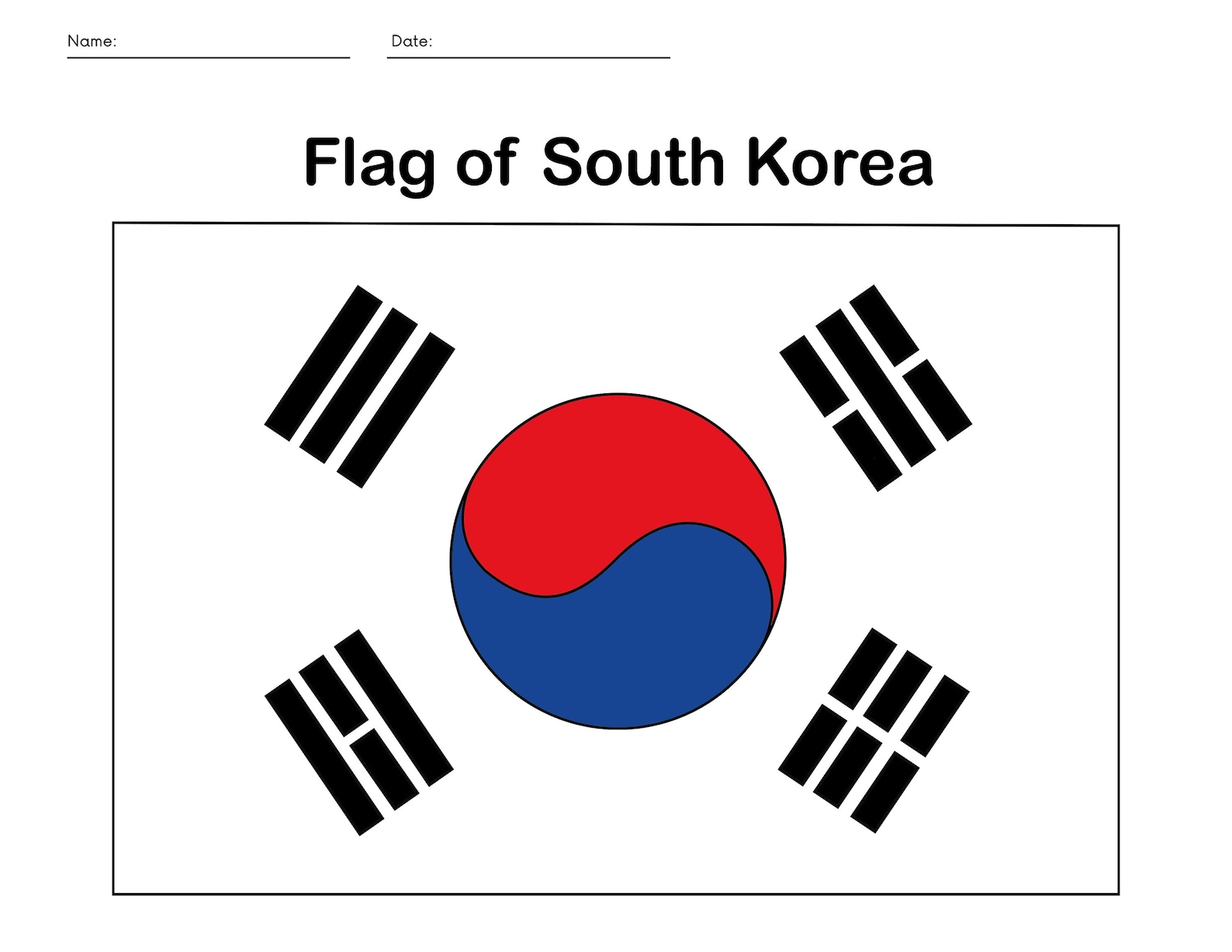 South Korean Flag Coloring Sheet, Korean Activity File, Png, Jpeg